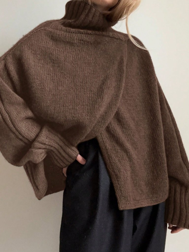 Coffee Brown Casual Women's Turtleneck Wrap Elegant Long Sleeve Sweater